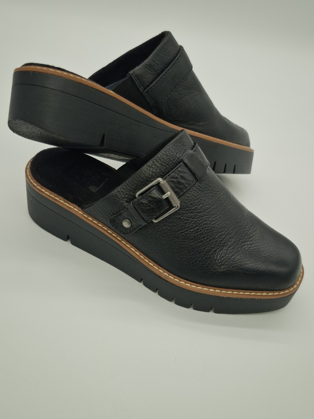 Naturalizer Black Leather Platform Clog Mules with Buckle